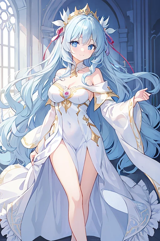 ((Highest quality)), ((masterpiece)), (detailed), （Perfect Face）、The woman is wearing only a pure white see-through cloth with gold embroidery and trim, and her naked body is visible through it. All of her clothes are pure white and see-through, making her the image of a beautiful goddess.、Women are gods who became part of the Greek goddesses々The wife of Zeus, the king of the gods, the goddess Hera Extella、The woman is the beautiful queen of the one and only god, Zeus, the goddess Hera Axtia. She has medium-long blue hair, an engagement ring, and is wearing only a see-through feather robe and luxurious accessories. She is an elegant goddess and a beautiful queen of the gods.