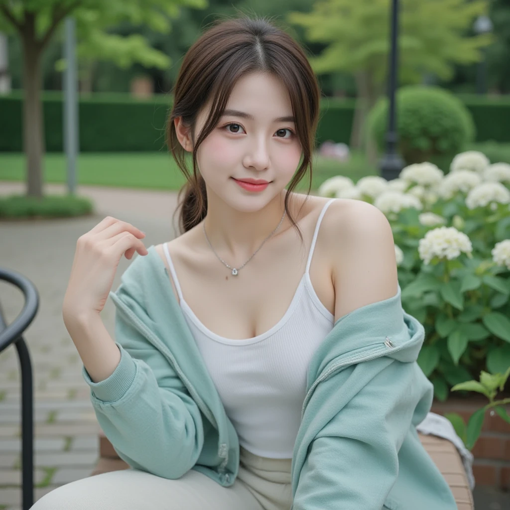 A 21-year-old Japanese woman with a bright smile is sitting on a park bench。she wears fashionable clothes、Cross your legs gracefully、Decorated with bright earrings and necklaces。
