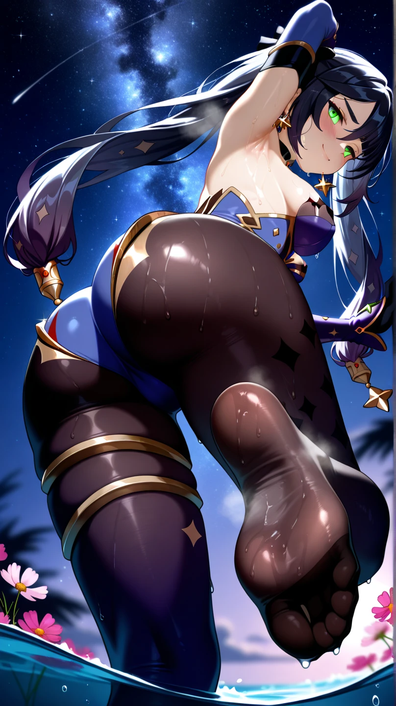 1girl, raiden shogun, genshin impact //// masterpiece, best quality, very aesthetic, absurdres, newest, ///// by nyantcha, cutesexyrobutts,by khyle, ///// perfect anatomy, perfect body, ///// purple hair, ,nude,naked, rating:nsfw, big tits, , full body, arched back, hair ornament, , white background, close-up, back view, ass, pov, standing