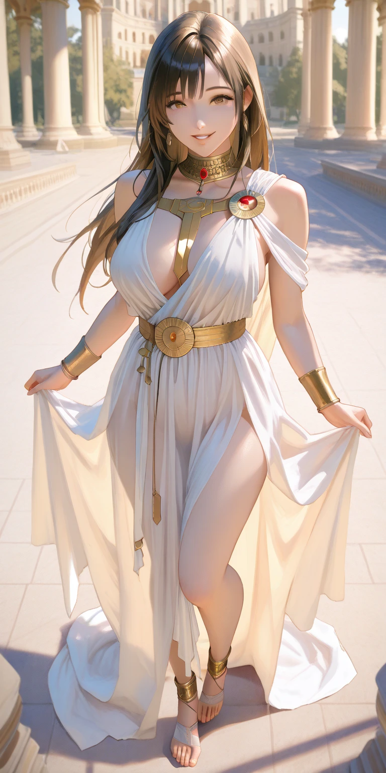 22 year old white female、Hair color is brunette、blue eyes、long hair、The ends of the hair are wavy、setting hair、accessories on wrist、wearing a necklace、has earrings、skin is smooth、Slender but muscular body、smile、Wearing ancient Roman-style costumes and accessories、Being at the Colosseum、wearing roman sandals、Nobody is here