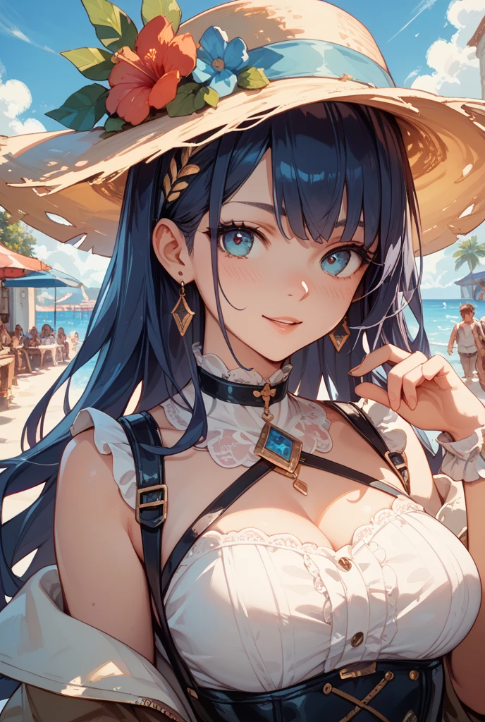 Beautiful Alluring african female swashbuckler, Fantasy Theme, Bare dark Skin, at a port of a tropical island, frilly fancy patterned colorful bikini, leather straps, feathered hat, anatomically correct, cleavage, frilly socks and gloves, barely clothed, Beautiful D&D Character Portrait, swashbuckler theme, fantasy theme, Detailed, Digital Art, Extreme Detail, Polished, Beautiful, Hyperdetailed, Intricate, Elaborate, Meticulous, Anime Character, Detailed, Anime Face, Sharp Focus, Unreal Engine, 3d Rendered, Volumetric Lighting, Reflections, Glossy, Digital Illustration, Sensual Pose, Suggestive Pose, Full Body Shot, 💖❤💕💋❣