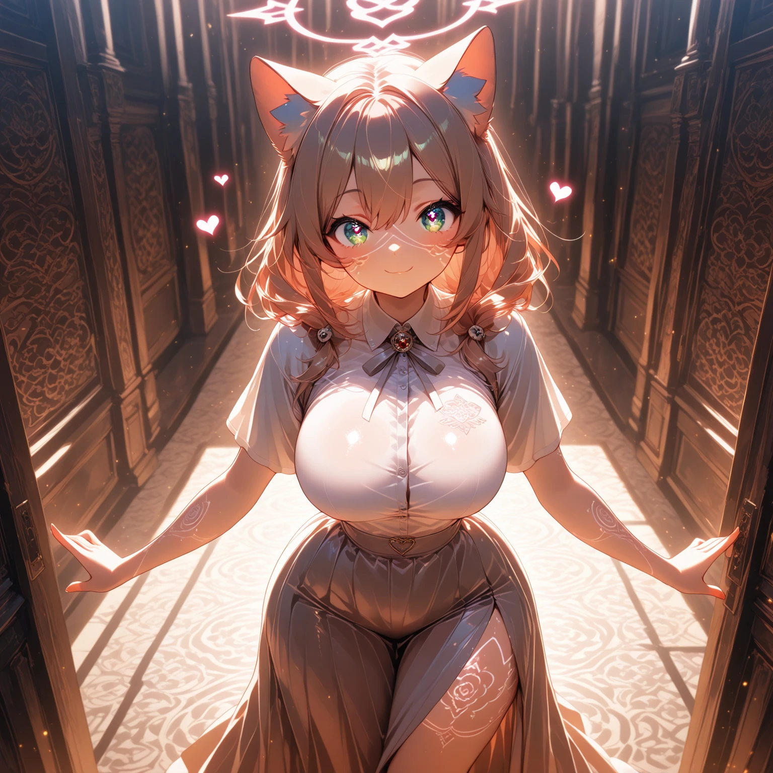 furry, enormous breast, pink fur, pricess gown, standing, collar with chain, blushing, bottom pov