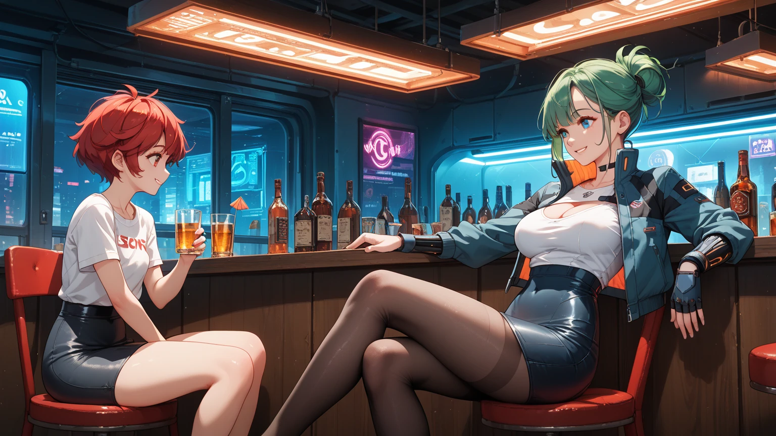 A cyberpunk coffee shop, Blonde woman sitting, Short hair, tanned skin, big red and black bikini boobs with blue flame designs, Full body, smiling, Looking at the screen, Super realistic, 8k, Movie shadows, Neon lights, people sitting in chairs.