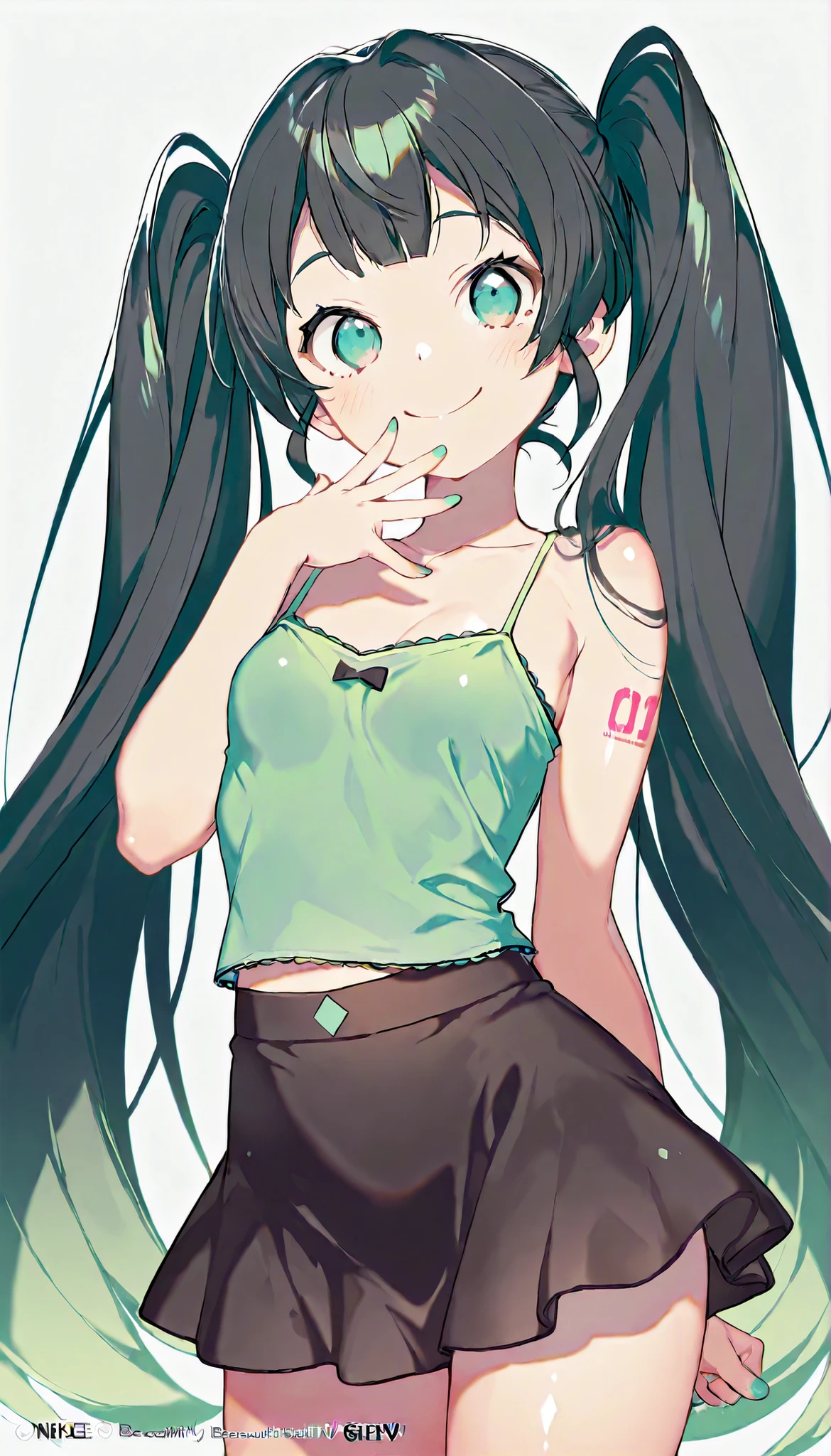 Manga Style cómic. A manga style drawing of a character that I create exclusively for you, based on your preferences and interests. The character is a female, with long black hair, green eyes, and a cute smile. She wears a green hoodie, blue jeans, and black sneakers. She has a tattoo of a microphone on her left arm, and a necklace with the letters REUSK 7. She is holding a guitar and a spray can. She is cheerful, friendly, and creative. The character looks older and more mature, as you asked me to make her look like she is 25 years old. The character is wearing a different outfit or doing a different pose than the previous one, as you asked me to surprise you.
