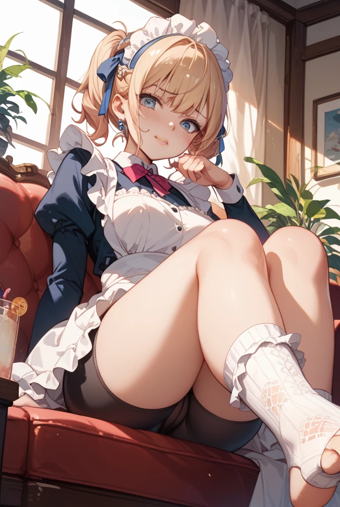 A girl sitting on a desk, school, classroom, spread legs, white panties, pervert, ultra detailed, (beret:1.8), (iwanagadress:1.2), (iwanagakotoko:0.9), iwanaga kotoko, beautiful body, beautiful face, good anatomy, white stockings, white panties, blonde hair, short hair, embarassed look, blushing, hand covering mouth, looking down