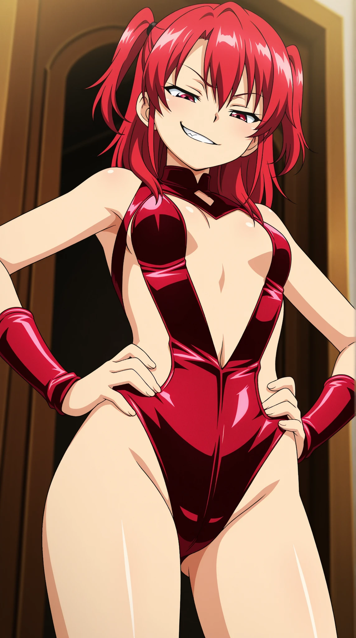 ((masterpiece, best quality)), (1girl),red hair, ((playboy red bunny, )) pantyhose,slim,grin, casino card table,lying, armpits, arima from above, red eyes