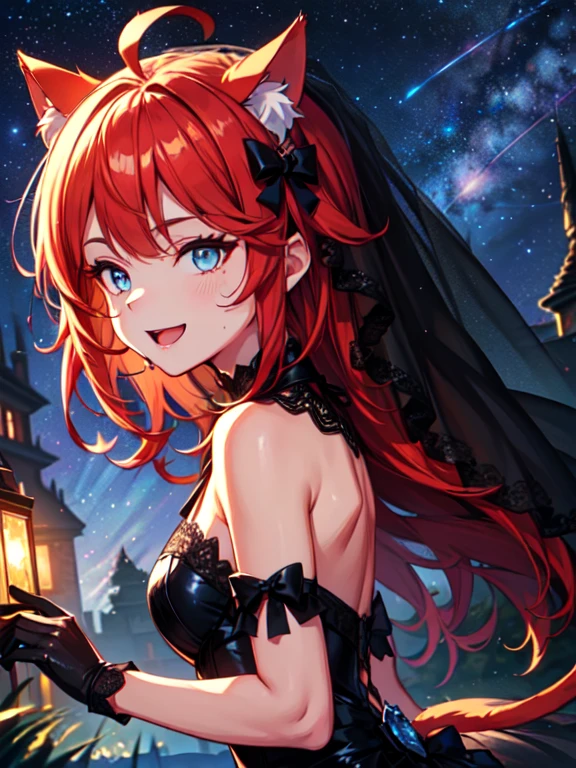masterpiece, best quality, high quality, detailed, ultra detailed, hyper detailed, insanely detailed, exquisite, beautiful, woman, demon, excited, smiling, floating, looking at viewer, very long hair, red hair, golden eyes, tall, glamorous, beautiful ass, leggy, blush, with horns, with devil wings on back, in the town, at midnight, with a starry sky, with a meteor shower, cel anime, upper body, headshot, golden ratio