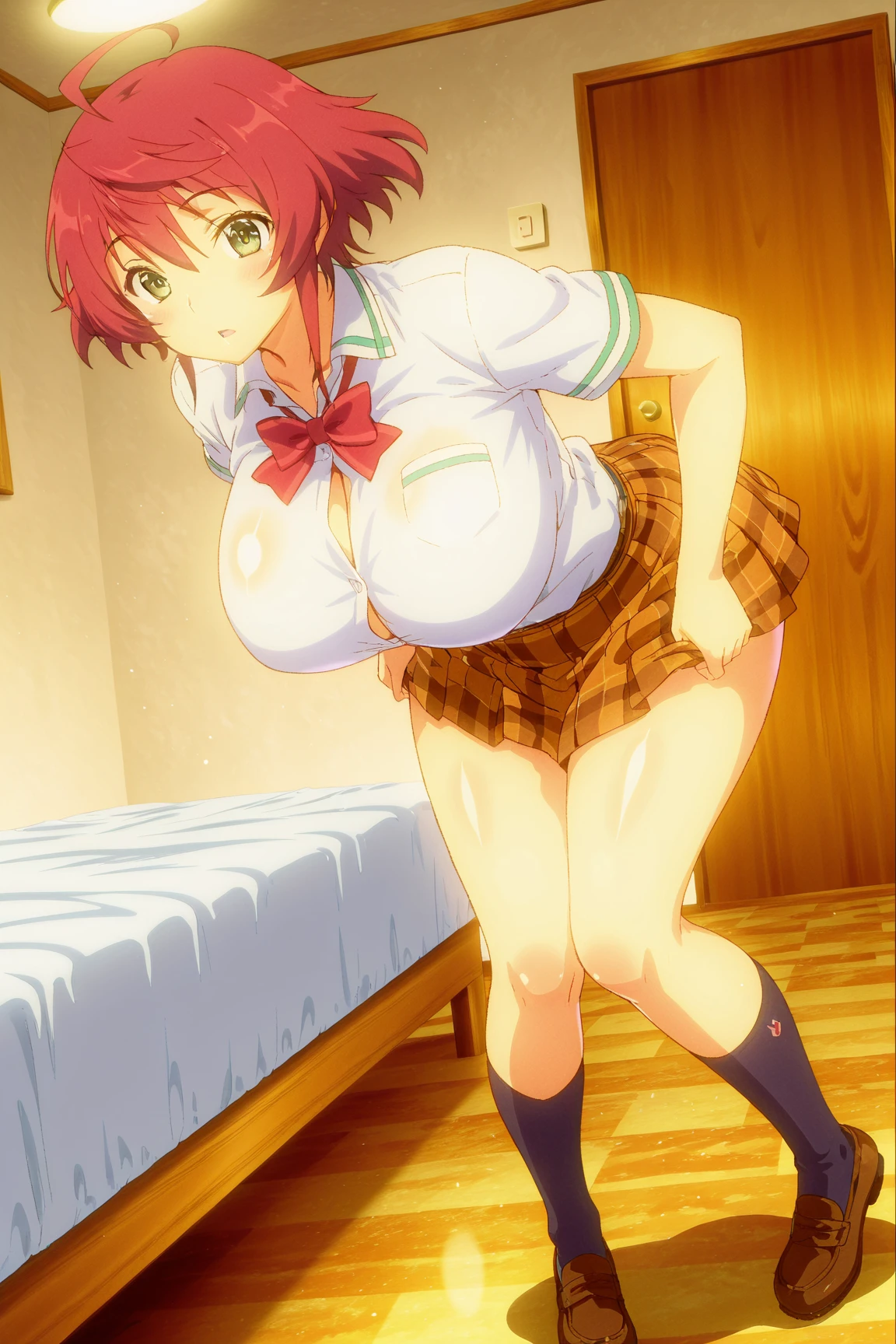 Best quality, Masterpiece, 2D, Masterpiece, Best quality, Anime, Highly detailed, Cowboy shot, 1girll, Solo, view the viewer, Smile, bangs, Medium breast, Red hair, Red eyes,White miniskirt,Squat down and spread your legs,The crotch can be seen,white panties,Sweaty face,Be red in the face,Just finished exercising