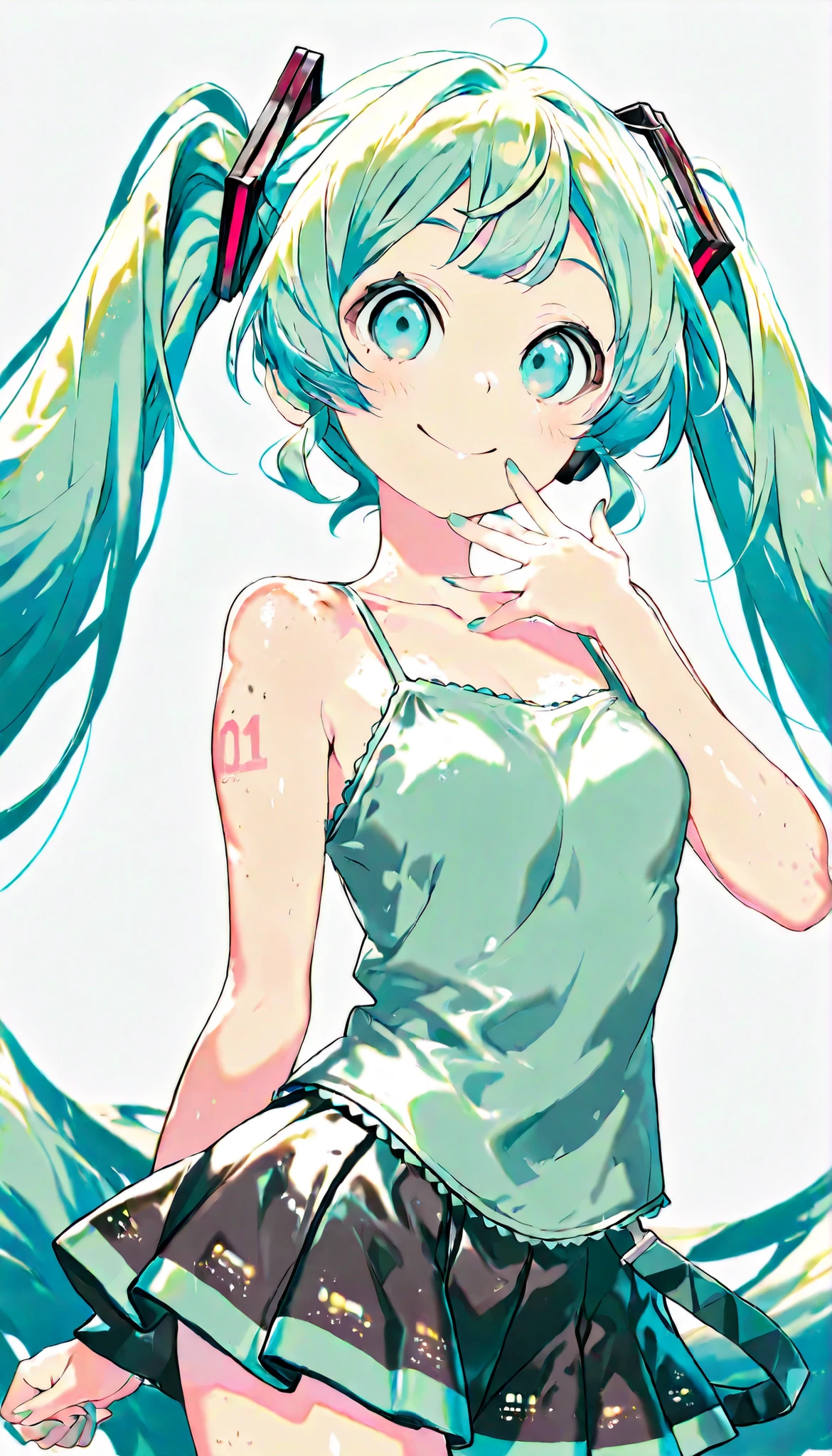 (masterpiece、Highest Quality、Highest Quality、official art、Beautiful Beautiful:1.2),Hatsune Miku、beautiful breasts、Light Green Twin Tails、masterpiece, Highest Quality, Super Details, 8k, high resolution, 1 girl, Smile, Textured Skin, Shiny, straight, long hair, flat chest with one hand around your mouth, camisole, miniskirt