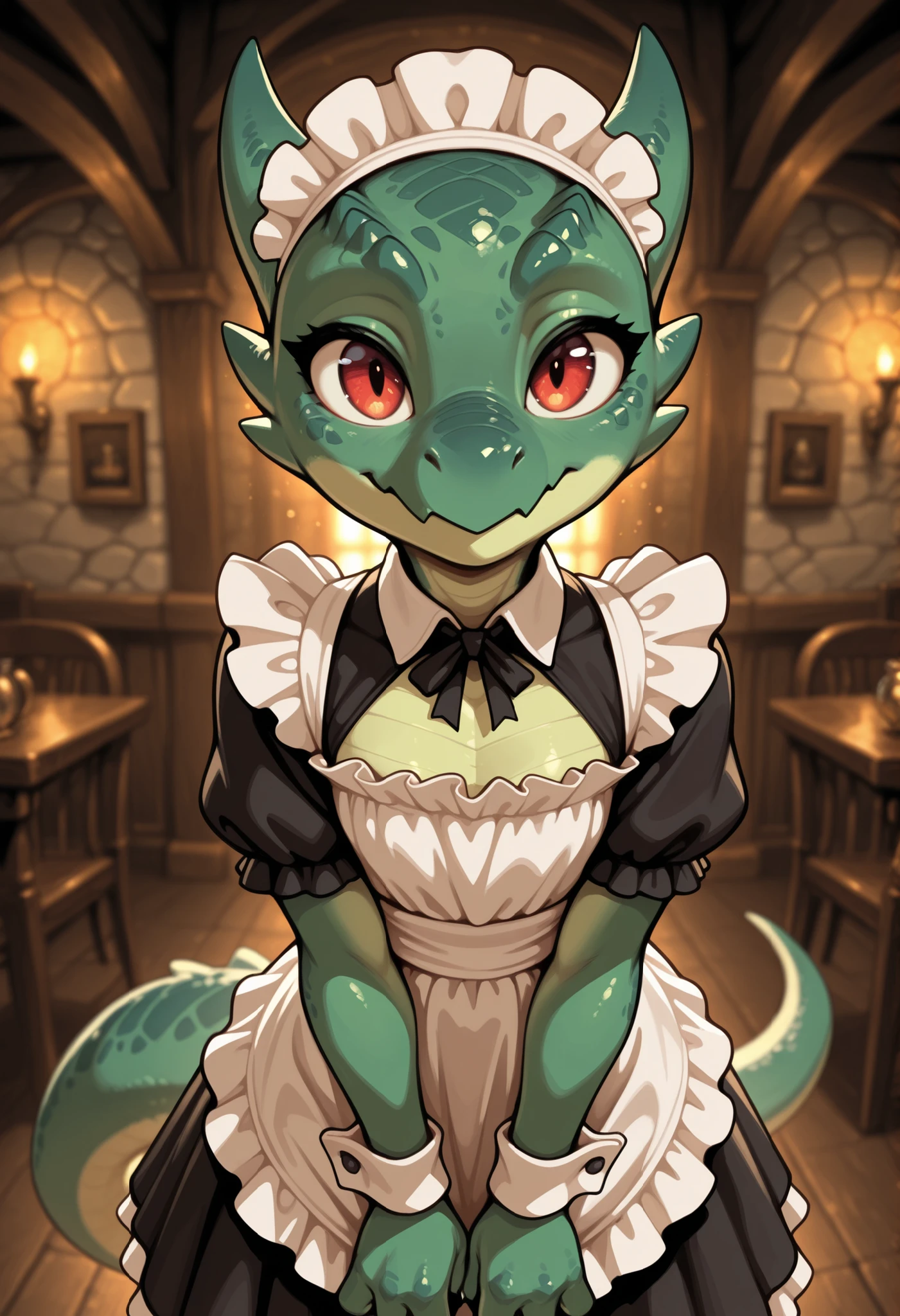masterpiece, best quality, amazing quality, very aesthetic, solo,
kobold, furry dragon, tail, short stature,
1girl, female focus, green skin, red eyes, maid costume,
looking at the viewer,
fantasy background, blurred background,