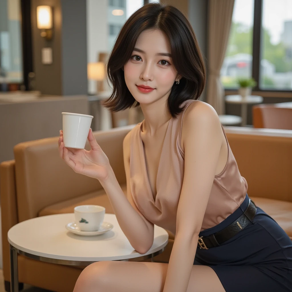 A ultra realistic asiatique woman with black hair sitting in a cafe, ultra realistic, distant view, detailed cafe interior, warm lighting, atmospheric, cinematic, photorealistic, 8K, highly detailed, intricate textures, natural shadows, reflections, focus on the woman's face and expression, elegant dress, beautiful detailed eyes, beautiful detailed lips, extremely detailed face, long eyelashes, atmospheric mood, subtle color palette, soft focus, photorealistic, masterpiece, (best quality,4k,8k,highres,masterpiece:1.2),ultra-detailed,(realistic,photorealistic,photo-realistic:1.37), she drink a cofee, detailed face, high detailed, high resolution, realistic background, detailled background