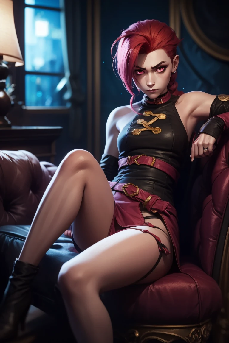 arcane style, 1girl,arm tattoo, portrait, siting, crossed legs, asymmetrical bangs, short hair, bangs, breasts, freckles, grey eyes, large breasts,looking at viewer, neck tattoo, nose piercing, pink hair, scar, scar on face, solo, tattoo on face, detailed background, town, alley, dark alley, portrait, night,thick tights , angry, full body, closed mouth, topless, ((masterpiece))
