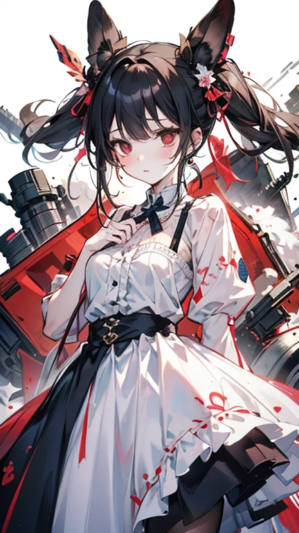 best quality, masterpiece, illustration, reimu hakurei, red dress, yellow neckerchief, ribbon, (gun:1.5), aiming at viewer, mksks pose, gun, holding_gun