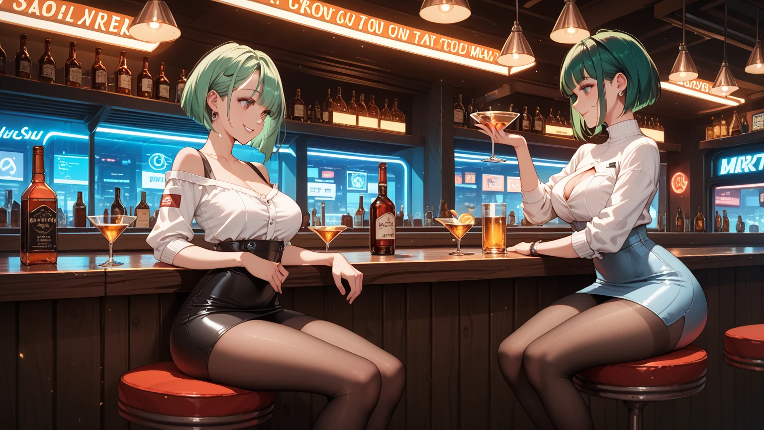 Four girls with short black hair,delicate and pretty,whole body display,Inside the bar,grand master,tmasterpiece,8k wallpaper,CG,Ultra-high image quality,light and shadow effect