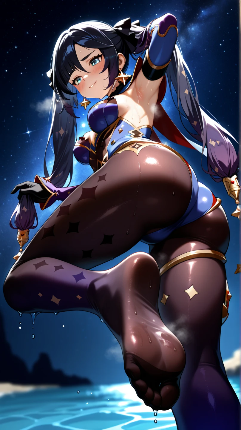 Masterpiece, best quality, absurdres, 1girl, beautiful legs, menat_holiday, light smile, dark skin, Green eyes, egyptian, bob cut, red dress, (black hood), black gloves,(shiny thighs),, , bare shoulders,sexy thighs,(((beautiful leg))),((solo)),panty shot,evil smile,from behind,back shot,ass,ass focus,close up,in bedroom,upskirt,camel toe