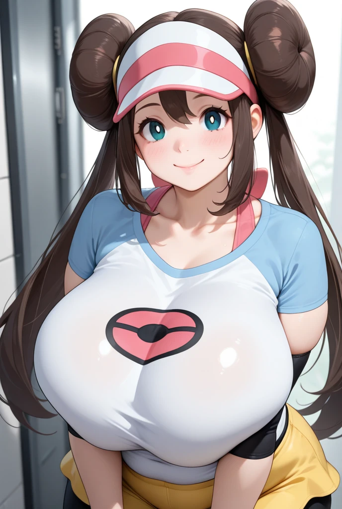 smile, Grin, Show your breasts to the camera、Face the camera directly、Sweaty cleavage、Press your chest to the viewer、Heavy 、Huge breasts pushing up shirt, (はち切れんばかりのBig Tits:1.8),男に覆い被さる1 Girl、Taunt、Raise your eyebrows、Lift the corners of your mouth、Grinning with teeth showing、Angry face、breast enhancement、Front view、Big Tits、16 year old beautiful girl、(masterpiece, Highest quality:1.2) , Pokemon, 1 Girl, alone, Watching the audience, blush, Large Breasts, Wide Hips, Thick thighs, Rosa(Pokémon)、Yellow mini skirt、Rosa(Pokémon) Clothes、Yellow Skirt、pantyhose、Double bun、Bun Hair、Visor Cap、Brown Hair、pantyhose、Black leggings、Black Stockings、abdomen, 胸を濡らすa large amount of white semen、a large amount of white semen、