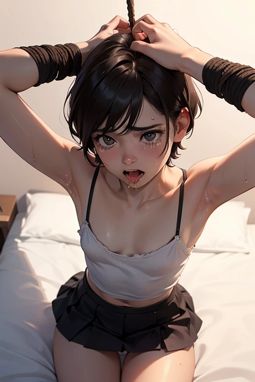 A Japanese high school girl with a poor body is lying down in a martial arts ring. She has been beaten to a pulp. Sweaty and covered in scars, she has one eye closed and her mouth open, panting and drooling. She wears a tank top, spats, and open-fingered gloves. Erect nipples. Her poor belly. Small breasts.