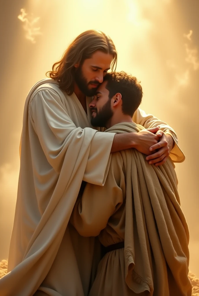 Jesus hugging an adult boy him crying hugging jesus and Jesus consoling him with a smile, background is full of fog with sun rays between them like a fantasy movie and the ground is filled with grass