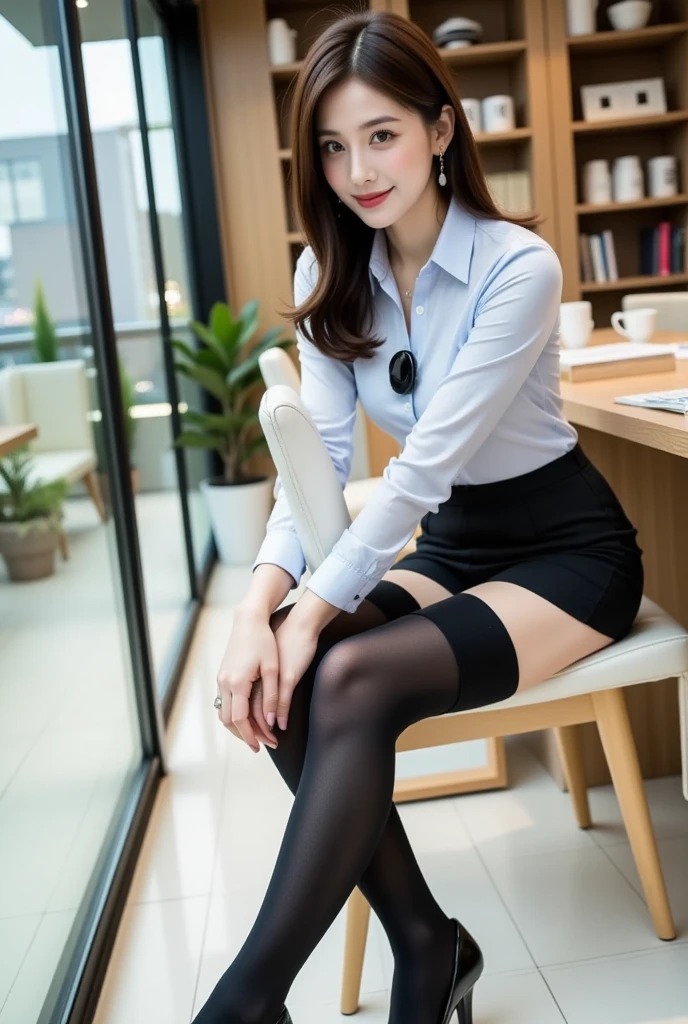 beautiful japanese woman,Photos taken by a professional photographer,Fancy makeup with red eyeshadow,double eyelid,The best smile,Delicate brown hair with short cut and side waves,big ring earrings,elegant legs,Wearing black high heels,long and thin legs, white shirt and super miniskirt, long legs, standing during class, very beautiful slim legs, とても美しいlong and thin legs, sitting at desk, Business service, beautiful feet, good hips and long legs, beautiful feet, black tights,black stockings,black pantyhose,