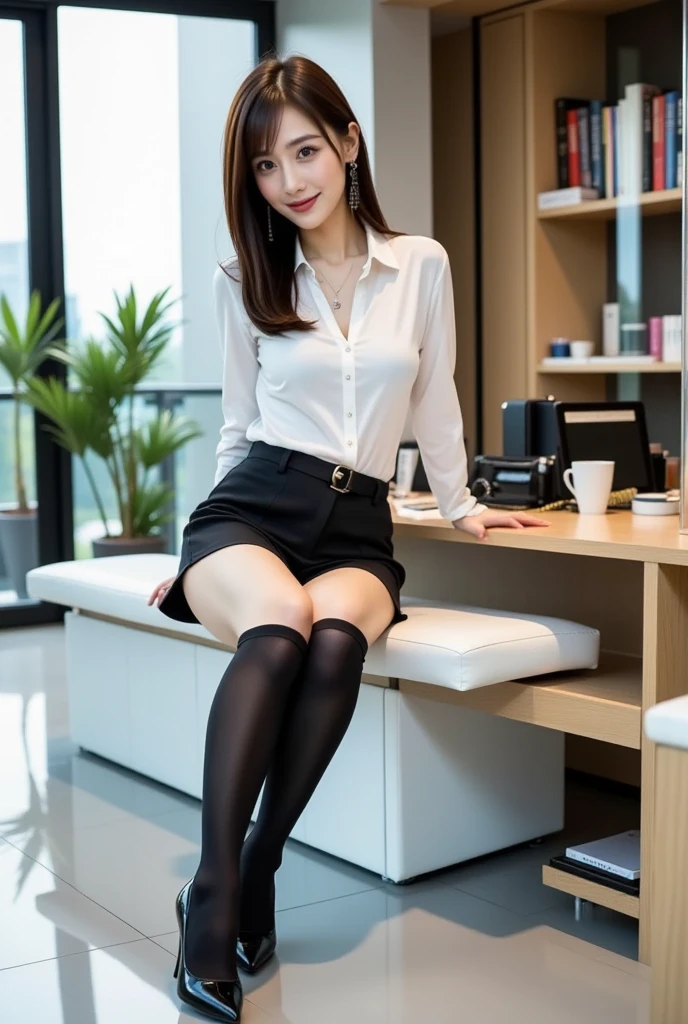 best quality, Full body portrait, Delicate face, Pretty Face, female, Slim body, Large bust, OL, Office Clothing, Navy blue stockings, No shoes, Exterior, Sitting, 1 Girl, shirt_lift,Bag,background,High-end high heels