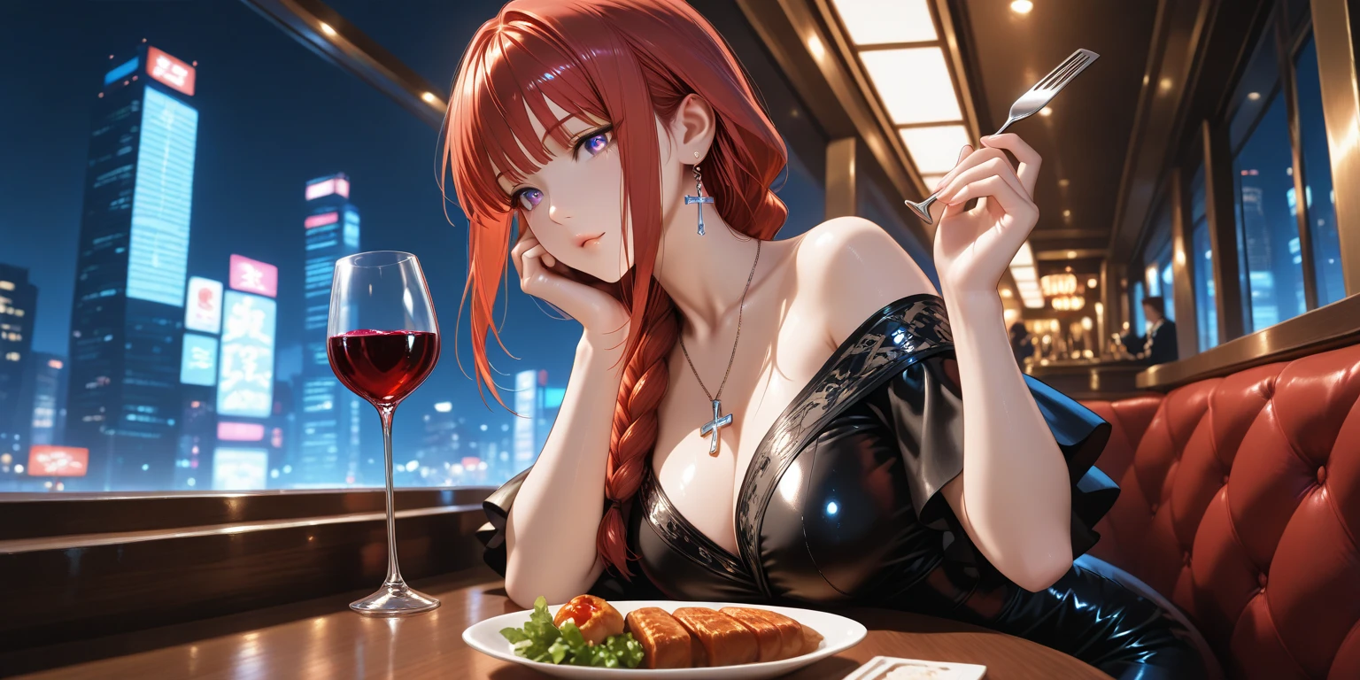 1girl, knife, red hair, fork, long hair, solo, holding knife, jewelry, dress, necklace, cleavage, hair ornament, flower, holding fork, holding, pearl necklace, looking at viewer, food, table, large breasts, red nails, gem, hair flower, purple dress, grey eyes, cup, mole under eye, indoors, upper body, earrings, black flower, drinking glass,shiny skin, large breasts,caberuel,(mature female:1.16),<lora:caberuel-v1-lora-any-5ep-resize:0.7>