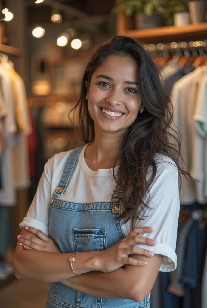 Image of a black-haired lady in a round-neck shirt selling children's and girls' clothing in front of a counter
