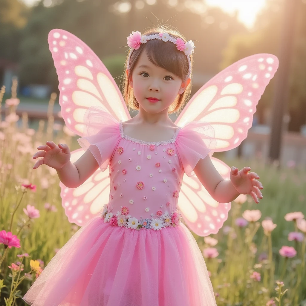 There's a girl dressed as a fairy with a purple butterfly, sorrindo como uma rainha de fadas, traje completo, fantasia, Em um estilo de Halloween, corpo inteiro com traje, em um vestido extravagante, abrindo as asas, katelynn mini estilo bonito, vestido como uma rainha, posando de rainha, asas de borboleta, asas de couro roxo, menina com asas de anjo