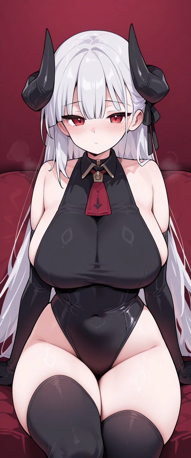 1girl, solo,lips, female focus, red eyes, looking at viewer, gray hair, long hair, closed mouth, ((Wide hips, thick thighs, massive huge breasts)), black dress, pants