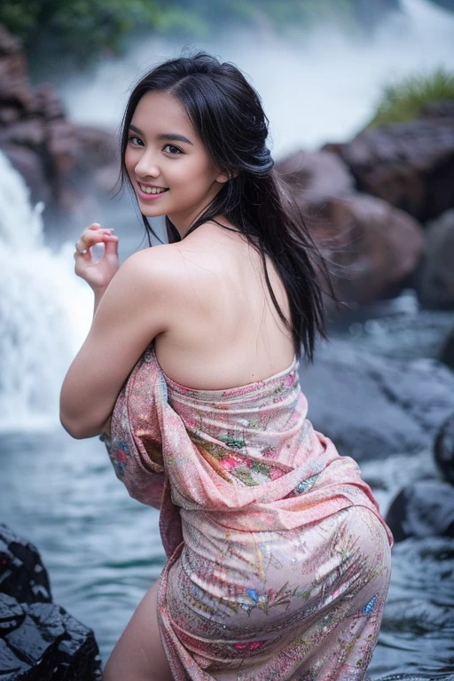 top Quority，Ultra-clear resolution, Korean 18 years old. Body. Sexy. Slim. Thin. exciting. (((Make-up face. Pink lipstick))) long straight black hair. ((Sarong. Sarong. Sarong Bikini. on the rocks. River flow. stand. looking back. sexy ass. sarong bikini. visible from behind