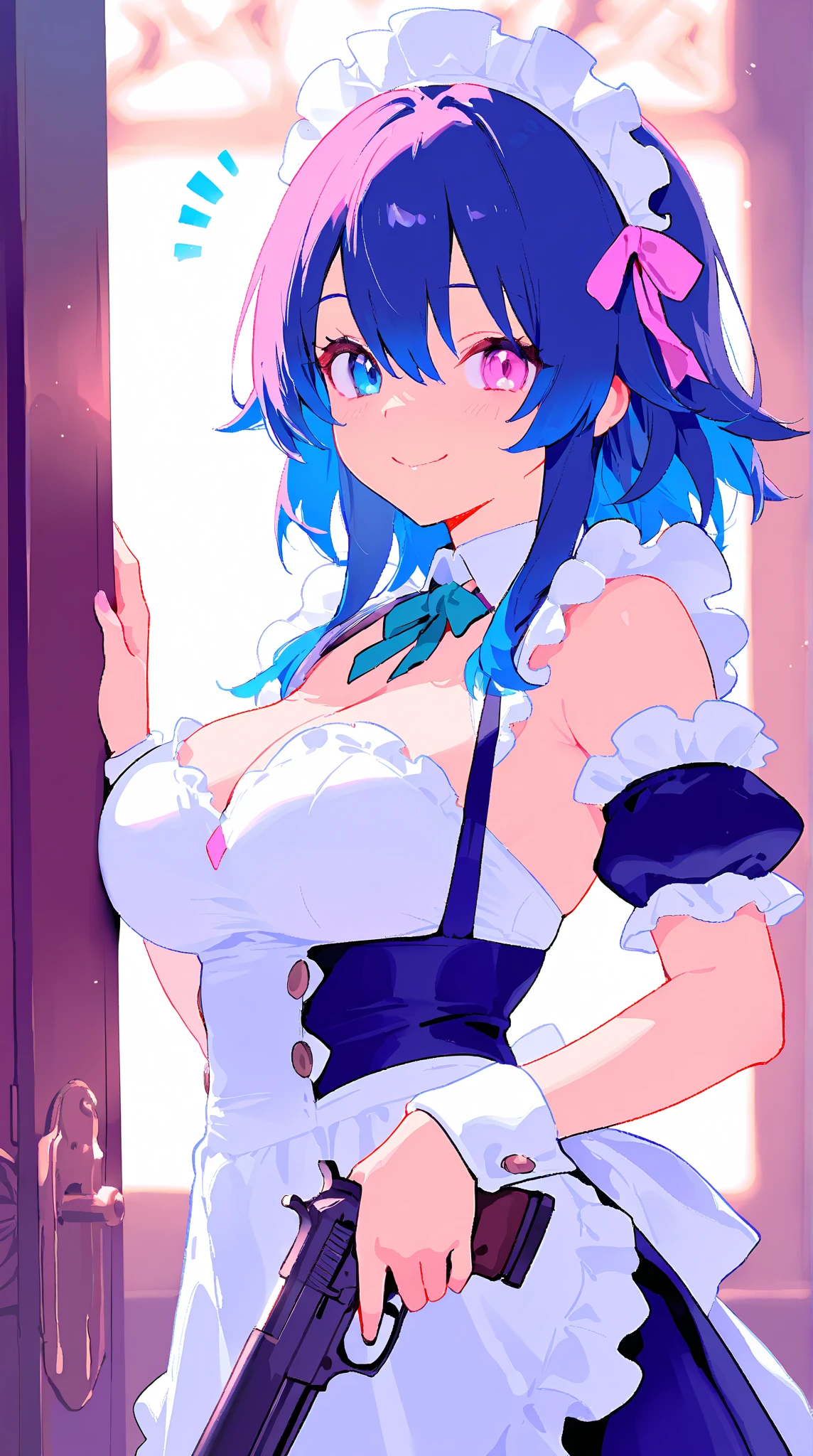 masterpiece, best quality, ultra-detailed, 
Rem, re zero, Blue hair, Short bob hair, large breasts, cleavage, navel, cowboy shot, dynamic pose, dynamic angle, 
smile,((standing (on side) ))maid clothes,((pretty face, cute girl, pretty)), 17_years_old_girl, ((tareme)),large eyes, glowing, 