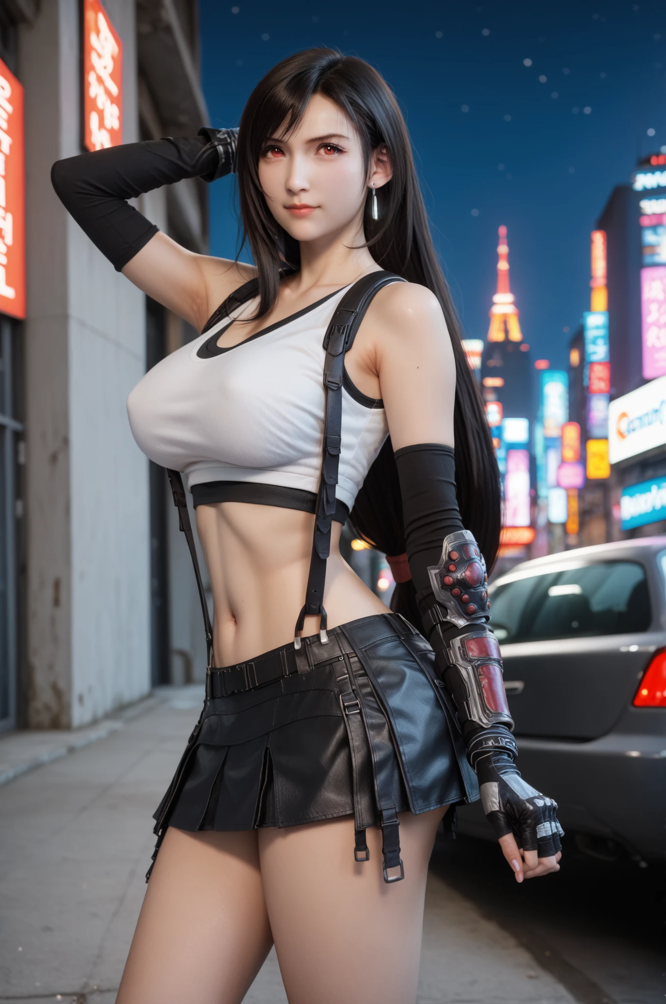 8k，masterpiece，basic quality、（1 person），Tifa Lockhart，Red eyes，City roofs，Black Hair，Long Hair，Professional Lighting，（Glowing Skin：1.2）、（（Highest quality）），Highly detailed face and skin texture，Delicate eyes、Black slit skirt，Black elbow gloves， White button-up shirt，sexy、Black Panties、Big Breasts