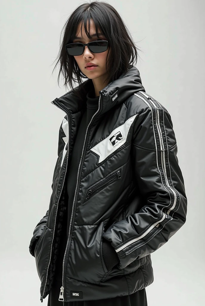 Create a 3D realistic image "A young Indian woman dressed in stylish activewear, consisting of a zip-up cropped jacket over a sports bra, paired with high-waisted leggings and wearing shoes. She accessorizes with large, over-ear headphones in neak and holds her phone in her left hand. Her long, thick, black hair is loose, over her shoulders. background like a digital crafting."