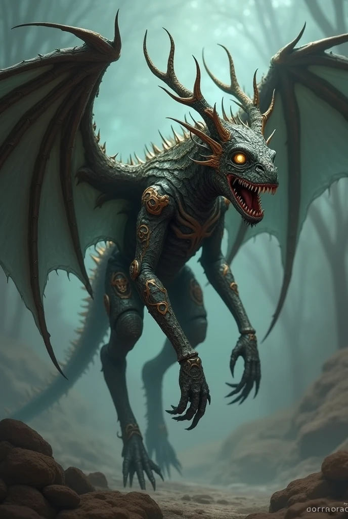 hyper detailed masterpiece, dynamic, awesome quality,a a anomalous pneumatic kinetic slender  Hydra, armor skin, claws, wyrm-like head,    four skeletal wings, clubbed tails, of ral-mold DonM0ccul7Ru57XL
