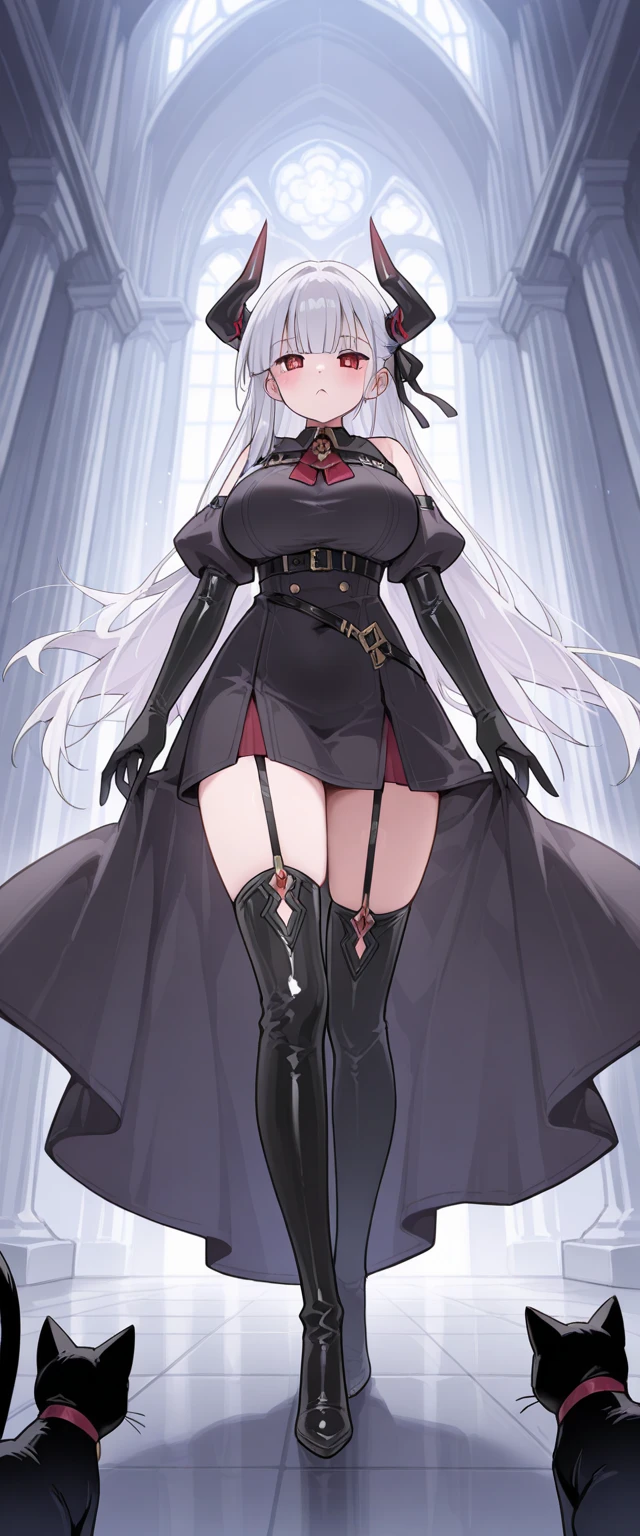 She is adult female in her mid twenties. She is sister-assasin, working for secret wing of Holy Church. She has shoulder-length white hair, blue eyes, fit look, beautiful face and strengthened in countless battles body. Him ass is plump and wide, often wobbling with every step she takes. She wears her sacred attire of holy assasin, which is very similar to regular nun habit, yet has few notable differences - garb has been adorned with black steel filigree on chest and has steel reinforced corset with leather straps all around its surface. To match her outfit, She is usually wearing face concealing hood, fine leather gloves and flexible boots.