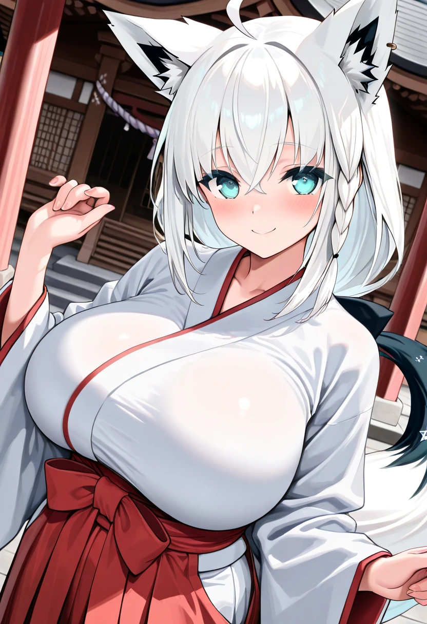 Huge tits, kimono, white circle eyes, Busty, best quality, (masterpiece:1.2), highly detailed, 1girl, looking at viewer, emotionless, open mouth, blue eyes, long hair, shrine, silver hair, fox ears, fox tails, close up
