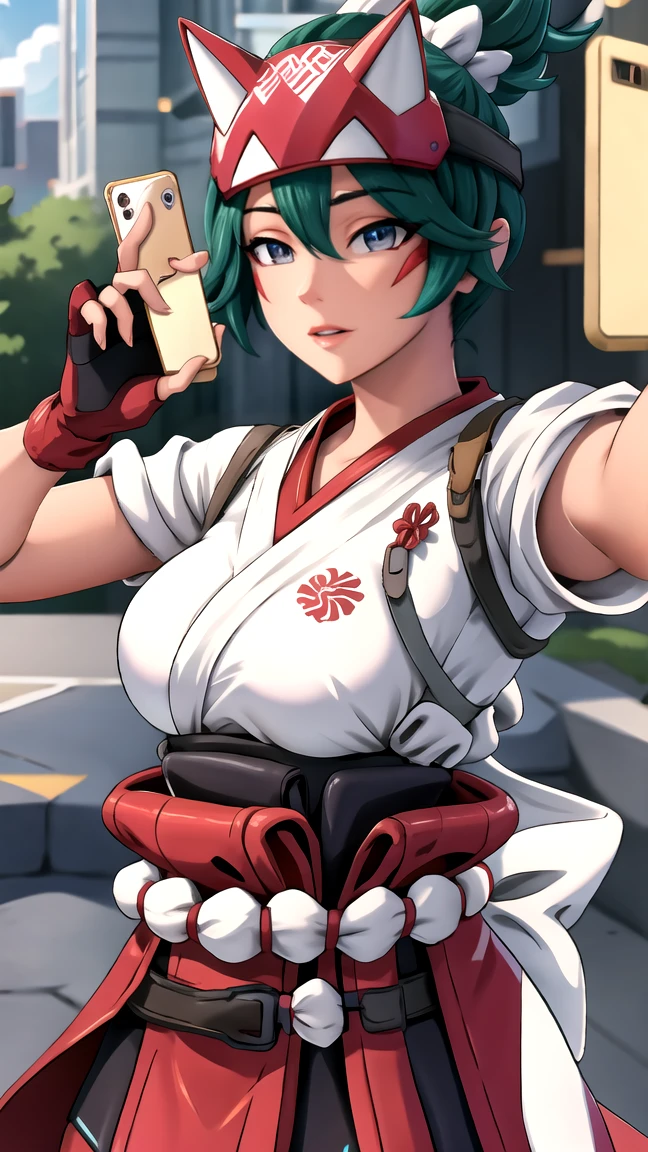realistic, realism, photorealism, photo-realistic, high contrast, (photorealistic:1.4), 8k high definition detailed realistic, (best quality, masterpiece:1.2), NSFW,  photon mapping, radiosity, physically-based rendering, best quality, highly detailed, 1girl, (owkiriko), kiriko \(overwatch\), green hair, red headwear, (red leggings), standing, street, outside, sneakers, dougi, upper body,