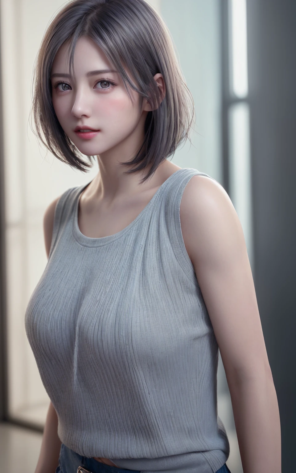 (Masterpiece: 1.3), (8k, Photorealistic, RAW Photo, Best Quality: 1.4), (1girl), Beautiful Face, (Realistic Face), (Black Hair, Short Hair: 1.3), Beautiful Hairstyle, Realistic Eyes, Beautiful Detail Eyes, (Realistic Skin), Beautiful Skin, (Sweater), Absurd, Attractive, Ultra High Definition, Ultra Realistic, High Definition, Golden Ratio, Glossy Lips