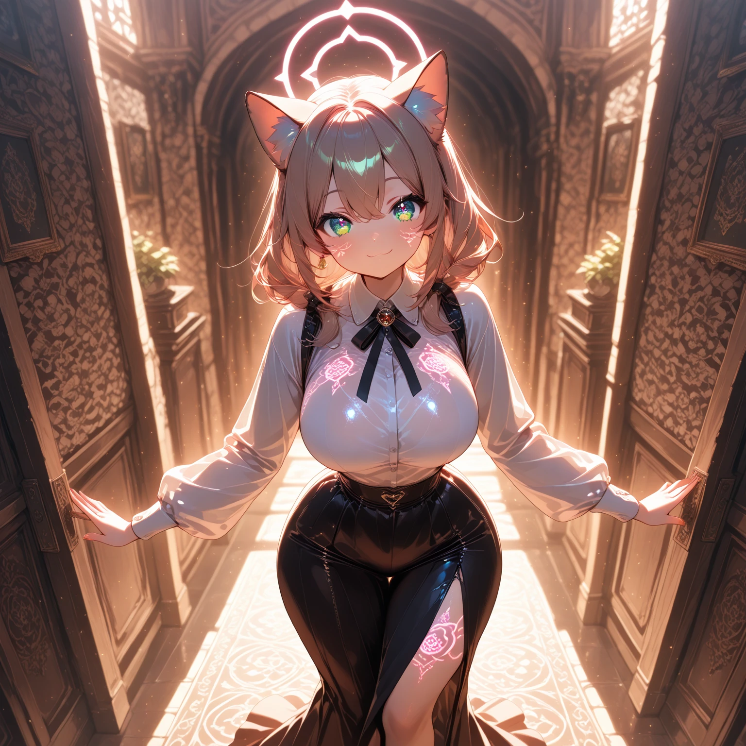 1girl,solo,long twin tails,cat ears,blonde hair color,purple eye color,super huge breasts,slender,Glasses,glossy black long pencil skirt,black dress,standing up,near,Stained glass background