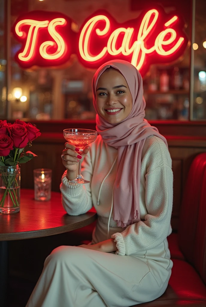 Female muslim tourist in a restaurant with a BOOM sign, A DARK RED Sunglasses on her eyes with  a Candle on a table in front of her with a  light bright pink lollipop in her hand and 1 fully filled Red juice glass on table without lemon and other 1 fully filled Red juice Glass with lemon over the straw in it and spoon spoon stirring it

