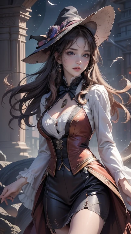 ((masterpiece)),((best quality)),((illustration)),absurdres,official art,beautiful shadow,
(1girl:1.0), solo,(young_girl:1.0),
amber \(genshin impact\), brown eyes, brown hair, long hair, red hair ribbon, brown short shorts, leather gloves, pouch, thighhighs, white boots, medium breasts, cleavage cutout, shrug \(clothing\)