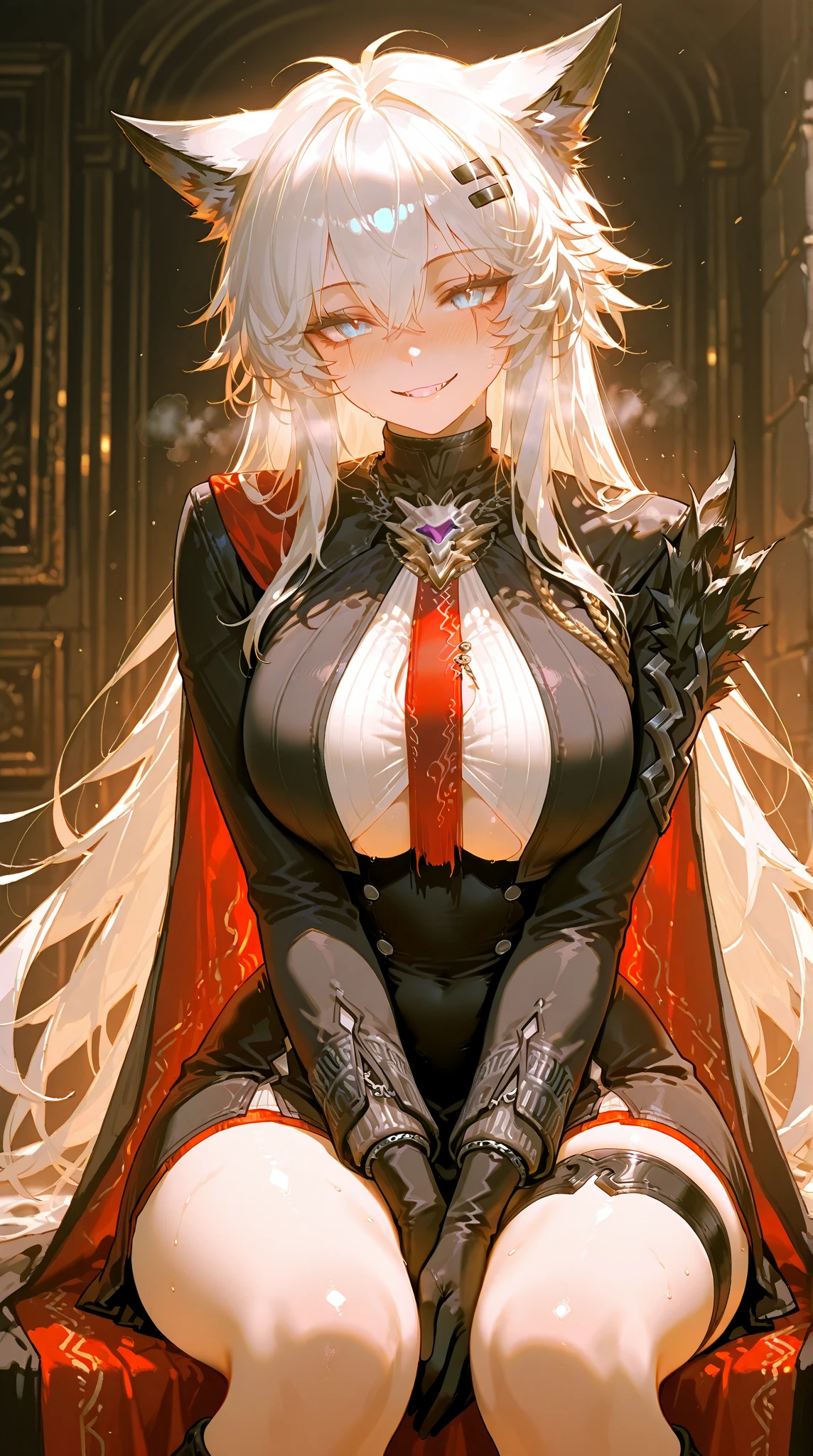 name: Hikaru Dire
Element: FLAMARA
Description: A reclusive and fiery alchemist, Hikaru is renowned for her mastery over elemental flame. Living in seclusion since a young age, accelerated her flames viciously hide her scars of past battles and loss. Lustrous silver hair cascades around incandescent eyes, framing her sharp facial features drawing联 Software Engineering Stack Overflow Suspect hand in artful flames.
Prompt: (((((​masterpiece, the best quality, ultrahigh resolution)))), 1woman, serious, seated, (long silver hair, short silver bangs framing face), uneven short cut, ((Pale complexion)), (((glowing fiery red eyes))), (((ultra detailed eyes:0.8, beautiful and detailed face, special eyes:0.9))), ((centered, focused)), (close-up, mid shot), looking down, (((home interior, witch's lair, bookshelves and potions:0.8))), large breasts, (thin expressive lips), (((head:1, hands on knees, elbows and feet on floor in view, armor robes visible)))), dormant flames surrounding succubus-like figure, (embroidered kimono arms), powerful, charismatic, mysterious;rich color alias colors, fine art, eMadagascar Compute Engine impressive, scale model of castle in background; ((definite subject)), 33 years old, gentle, flamel geometric shapes in jewelry, form-fitting, armor, dreamlike sensual, appropriate inner consistency; ^_^, sultry, robust personality.