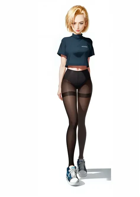 Android18 wearing black pantyhoses and sneakers