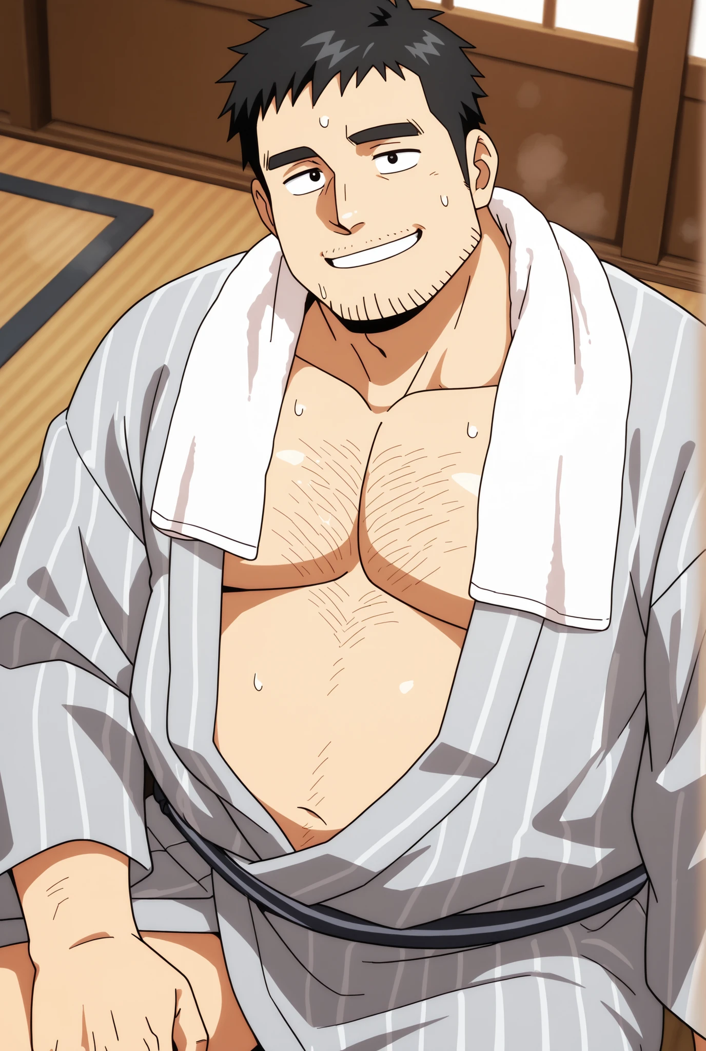 safe_pos, safe_pos, safe_pos, safe_pos, safe_pos, score_9, score_8_up, rating_nsfw, ultra hd, absurdres, best quality, best aesthetic, masculine, solo, 1boy, male focus, perfect proportions, handsome, erotic, alluring, mature male, coloured

LOKBumi, beard, facial hair, brown hair, green coat, white shorts, chest hair, nipples, looking at viewer, Expressiveh, bathroom background, detailed background, blue eyes, bulge