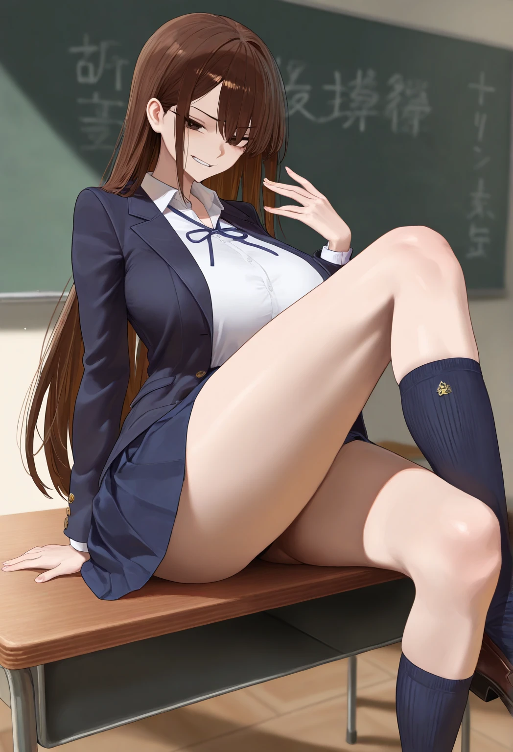 ddlcmonika, ddlcmonika, blunt bangs, brown hair, (green eyes:1.5), long hair, ponytail, ribbon, white ribbon, hair ribbon, sidelocks,
BREAK black thighhighs, blue skirt, brown jacket, jacket, long sleeves, mary janes, over-kneehighs, pleated skirt, , shoes, skirt, thighhighs, zettai ryouiki
BREAK looking at viewer,
BREAK indoors, classroom, squatting, spread legs, white panties,
BREAK (masterpiece:1.2), best quality, high resolution, unity 8k wallpaper, (illustration:0.8), (beautiful detailed eyes:1.6), extremely detailed face, perfect lighting, extremely detailed CG, (perfect hands, perfect anatomy),