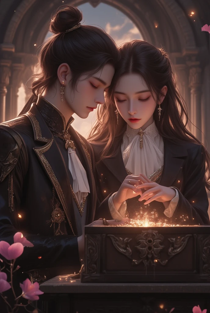 A photo shows the man holding a woman Symmetrical fantasy RPG portrait, arte chave detalhada do anime, Symmetrical Epic Fantasy Art,  , geometria sagrada, Fibonacci, homem moreno, careca, intertwined with woman, cabelos longos