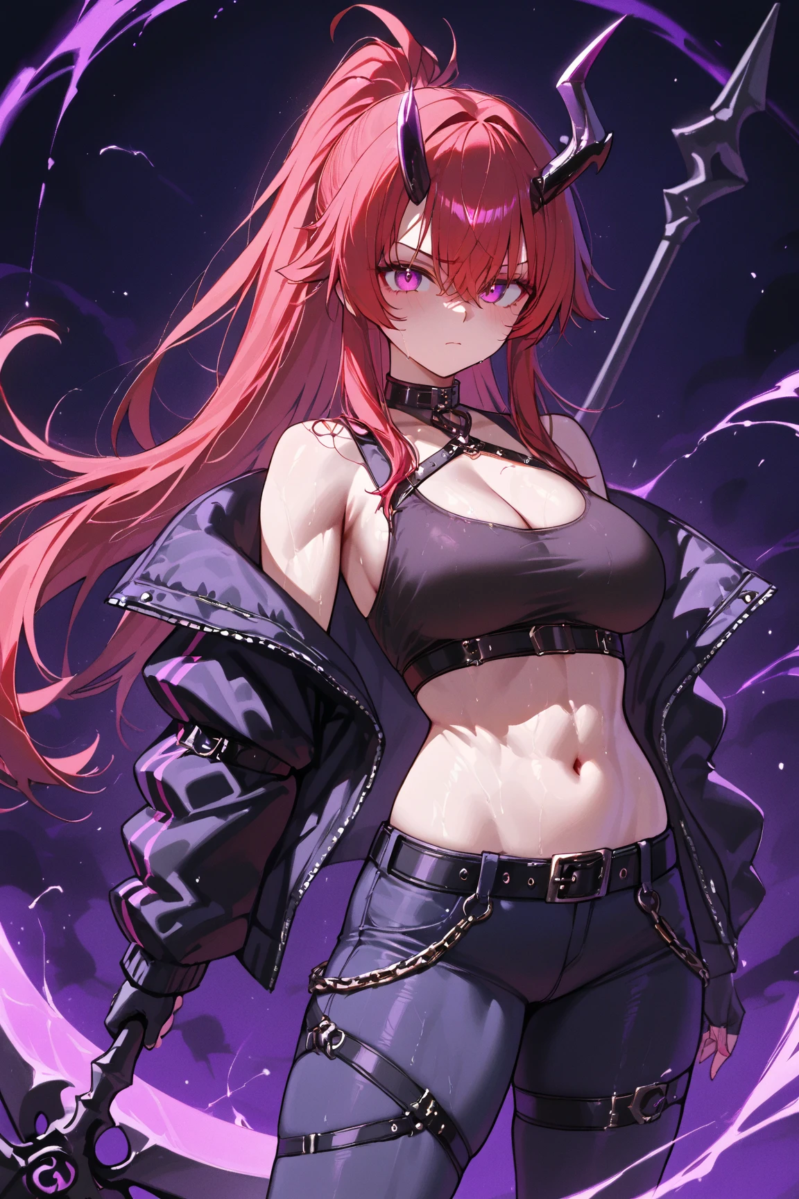 long magenta hair, bikini, dark grey flared pants, fingerless gloves, bell-bottoms, blue eyes, sword, 1girl, night, canyon, moon
