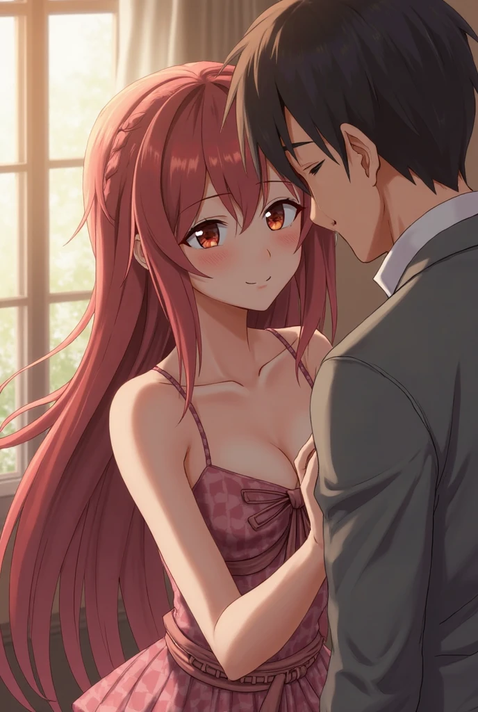 An anime guy fucking a busty anime girl while he touches her large breast.