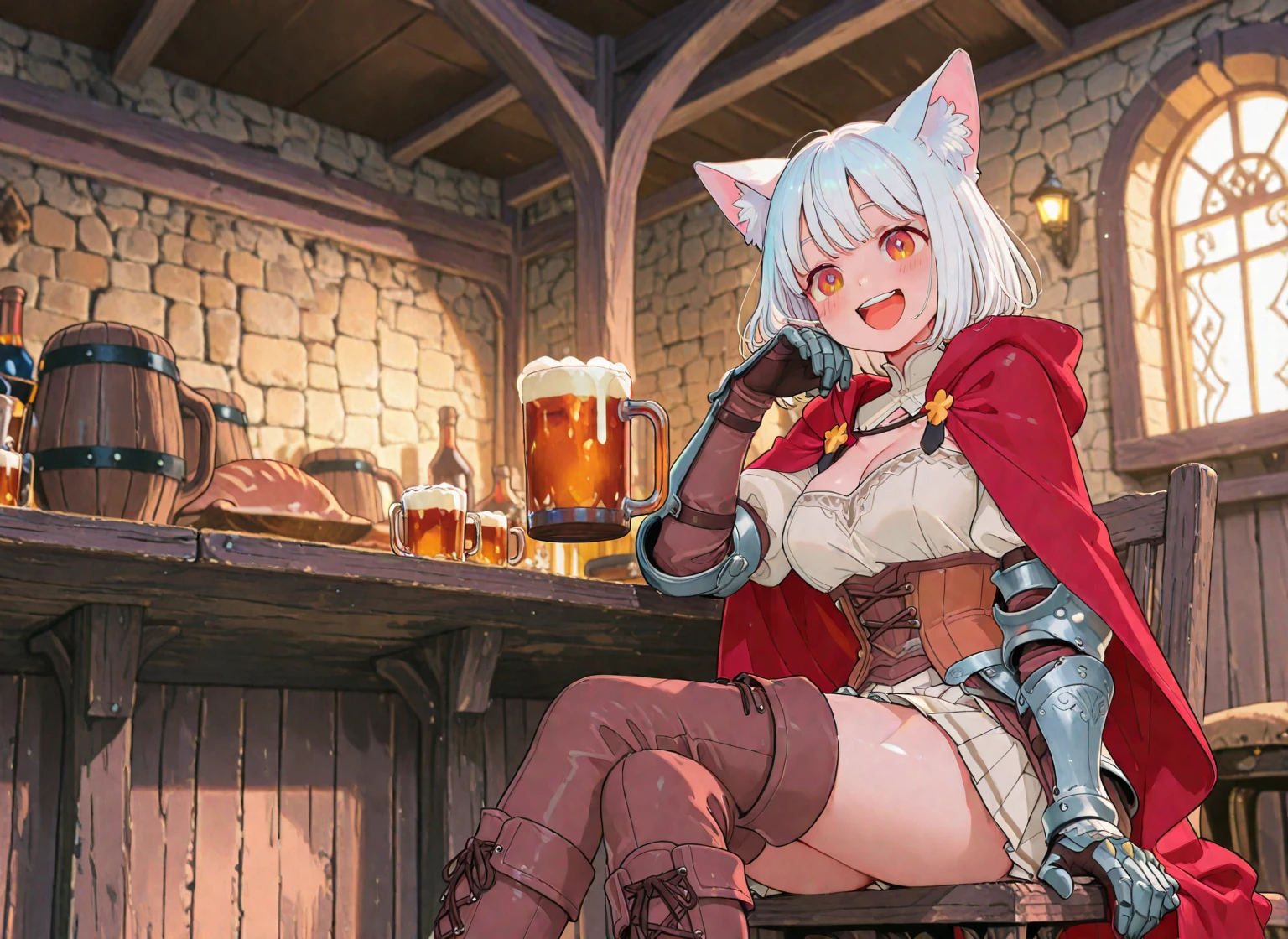 masterpiece, vibrant colours, hd, highres, absurdres, best quality, detailed, sharp, raphtalia, long hair, bangs, brown hair, animal ears, raccoon ears, raccoon tail, raccoon girl, pink eyes, smile, long sleeves, sweater, ribbed sweater, puffy sleeves, breastplate, red ribbon, gauntlets, glove, brown gloves, belt, skirt, armor, indoors, tavern, medieval, coffee, nature, looking at viewer, cowboy shot, dutch angle, dynamic pose,