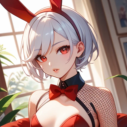 anime style , blur effect, a woman, female face, in a bunny suit
