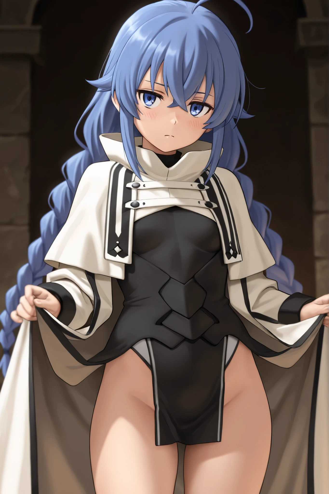 (Highest quality:1.5, High resolution, 超High resolution, 4K, Detailed lighting, Shaders)One Girl, Roxy Migurdia, witch Hat, blue eyes, Blue Hair, Twin Blade, Twin tails, (Brown coat:1.1), Cape, Robe, Braided Ponytail, Knee Boots, witch, Holding, , Black socks, ヘアribbon, ribbon, View your audience, socks, smile, Mouth closed, plein air, sun,, (Tabletop:1.2), High resolution, Highest quality, 8K, Very very clear(((,Squat Panty shot)))++ Beautiful legs1人, Roxy Migurdia, witch Hat, blue eyes, Blue Hair, Twin Blade, Twin tails, (Brown coat:1.1), Cape, Robe, Braided Ponytail, Knee Boots, witch, Holding, , Black socks, ヘアribbon, ribbon, View your audience, socks, smile, Mouth closed, plein air, sun,, (Tabletop:1.2), High resolution, Highest quality, 8K, Very very clear Beautiful legs ((((topless))))++ blush